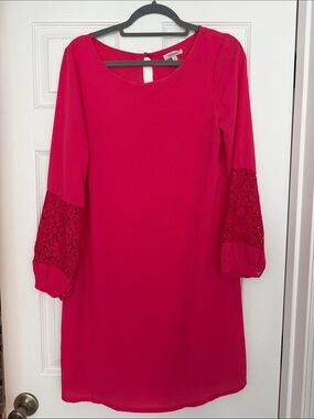 Women's Long Sleeve Lace-Sleeve Shift Dress - Pink